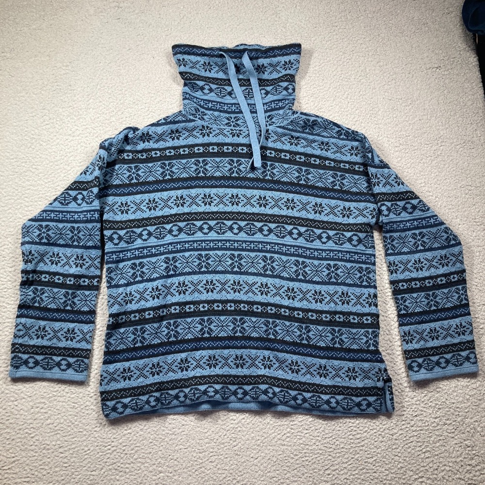 Chaps Sweater Women's Large Blue Fair Isle Drawstring Turtle‎ Neck Pullover